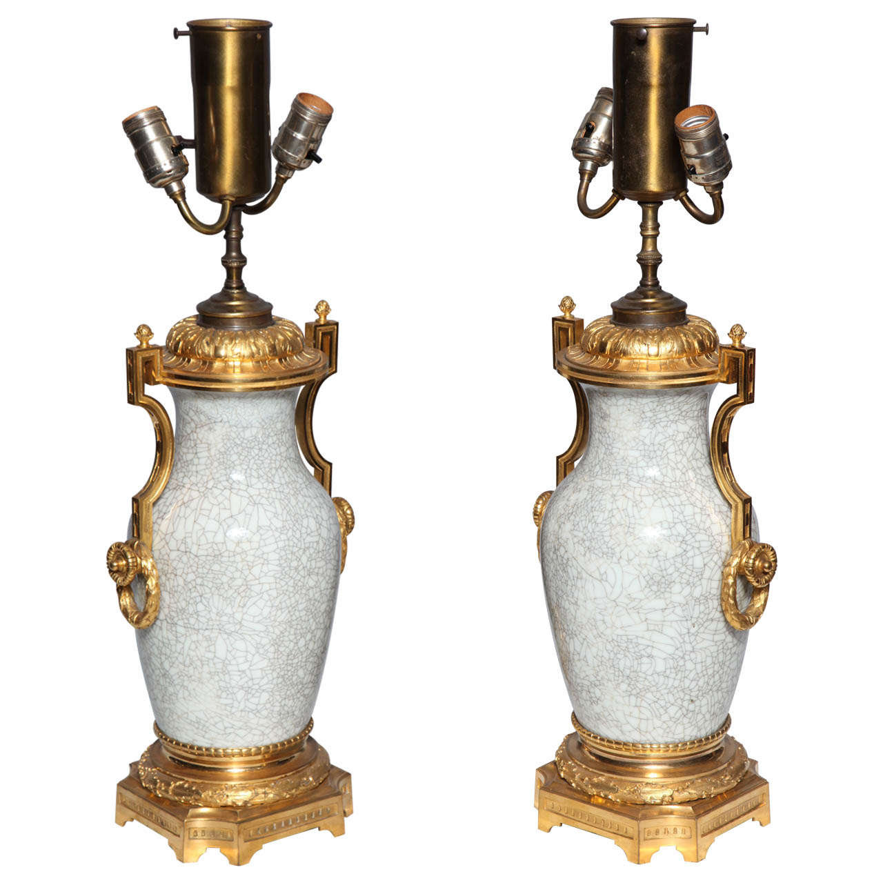 Pair of Chinese, Crackle Finish, Celadon Porcelain Vases with Gilt Bronze Mounts