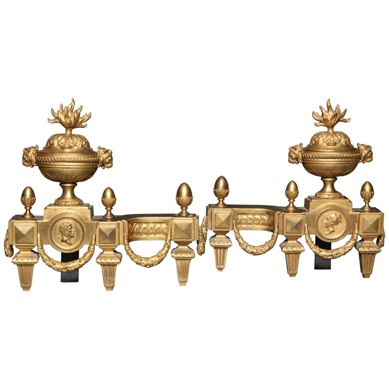 A Neoclassical pair of Antique Signed Louis XVI Dore Bronze Fireplace Chenets For Sale