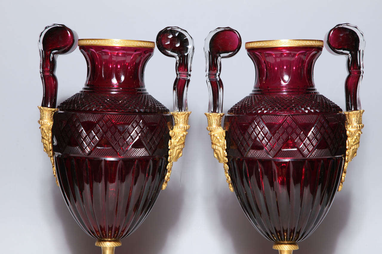 19th Century Magnificent Pair of Russian Imperial Ruby Glass Vases w/ Gilded Bronze Mounts For Sale