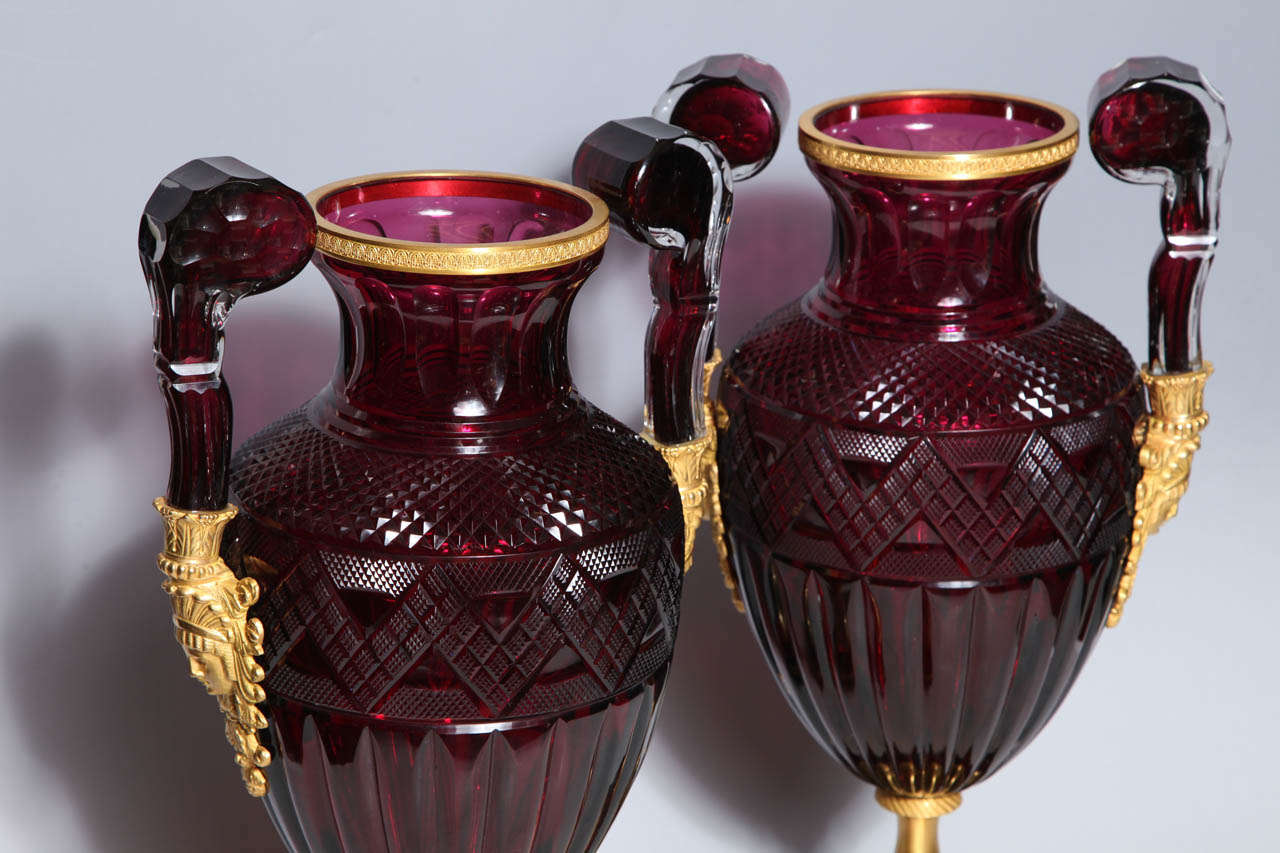 Magnificent Pair of Russian Imperial Ruby Glass Vases w/ Gilded Bronze Mounts For Sale 2