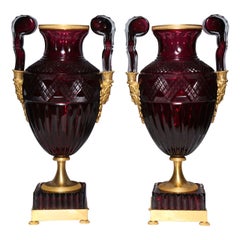 Antique Magnificent Pair of Russian Imperial Ruby Glass Vases w/ Gilded Bronze Mounts