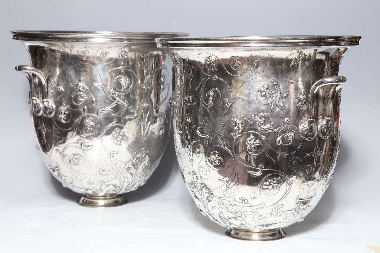 Art Nouveau Monumental Pair of Neoclassical Silvered Bronze Champagne Buckets: Christofle