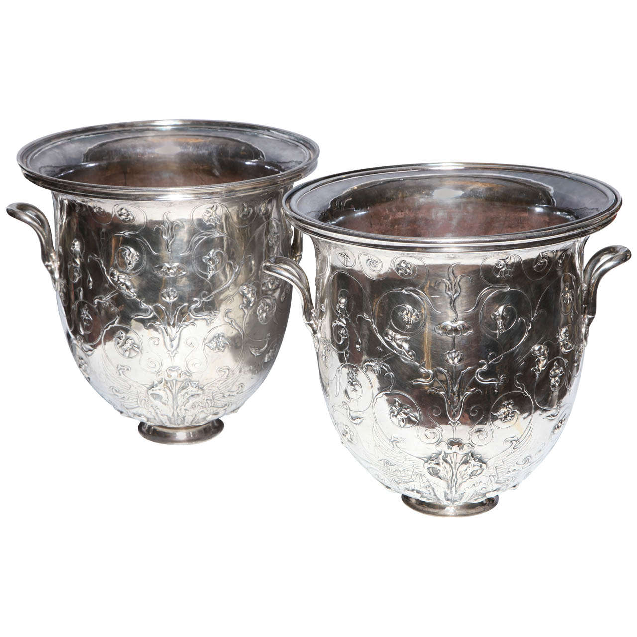 Monumental Pair of Neoclassical Silvered Bronze Champagne Buckets: Christofle