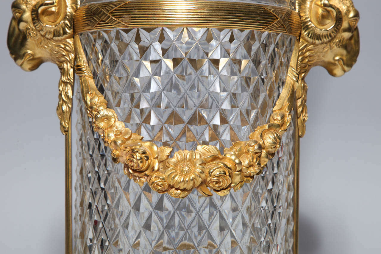 Louis XVI French Cut Crystal & Dore Bronze mounted vase/centerpiece w/ ram head handles