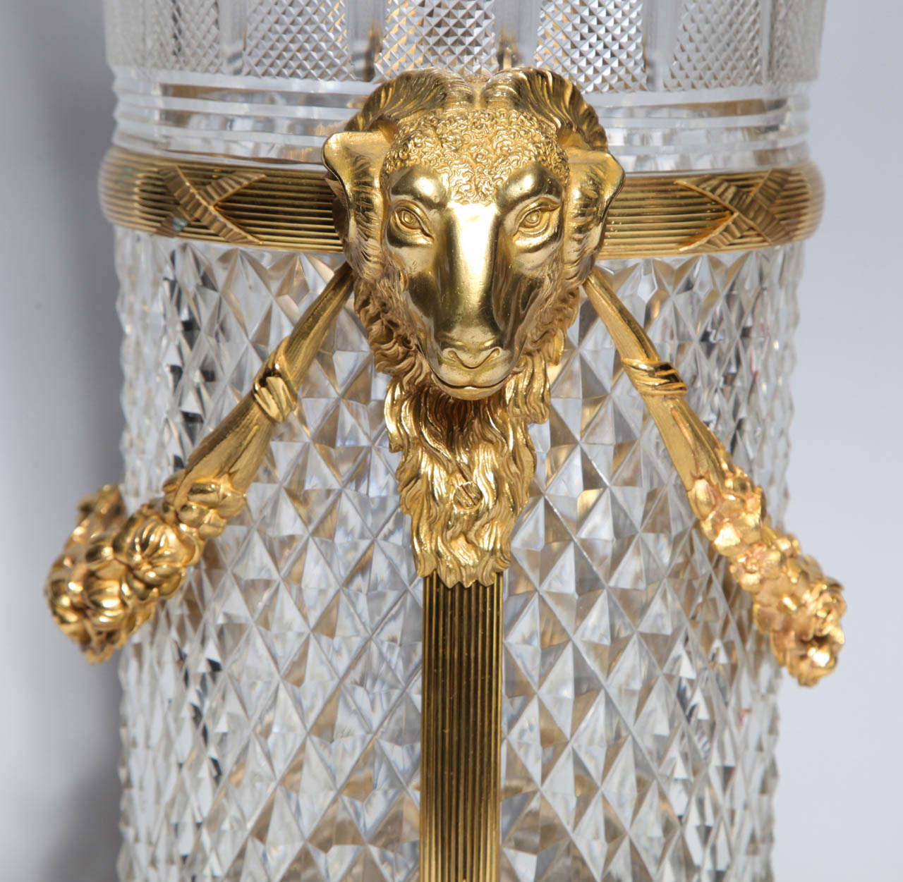 Gilt French Cut Crystal & Dore Bronze mounted vase/centerpiece w/ ram head handles