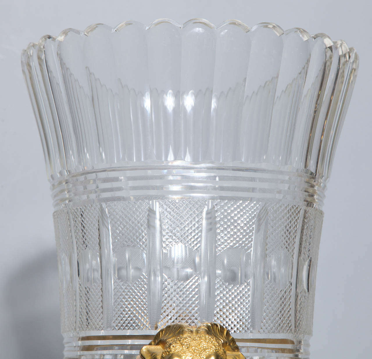19th Century French Cut Crystal & Dore Bronze mounted vase/centerpiece w/ ram head handles
