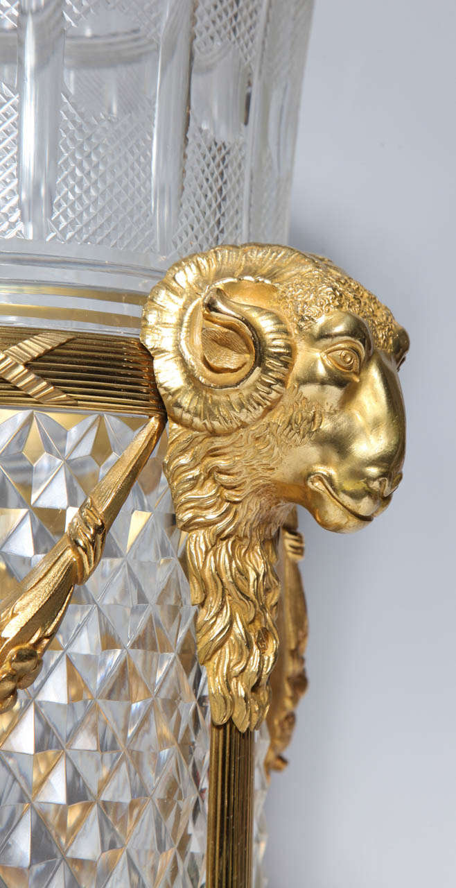 French Cut Crystal & Dore Bronze mounted vase/centerpiece w/ ram head handles 1