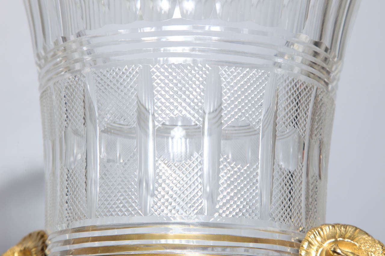 French Cut Crystal & Dore Bronze mounted vase/centerpiece w/ ram head handles 3