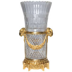French Cut Crystal & Dore Bronze mounted vase/centerpiece w/ ram head handles