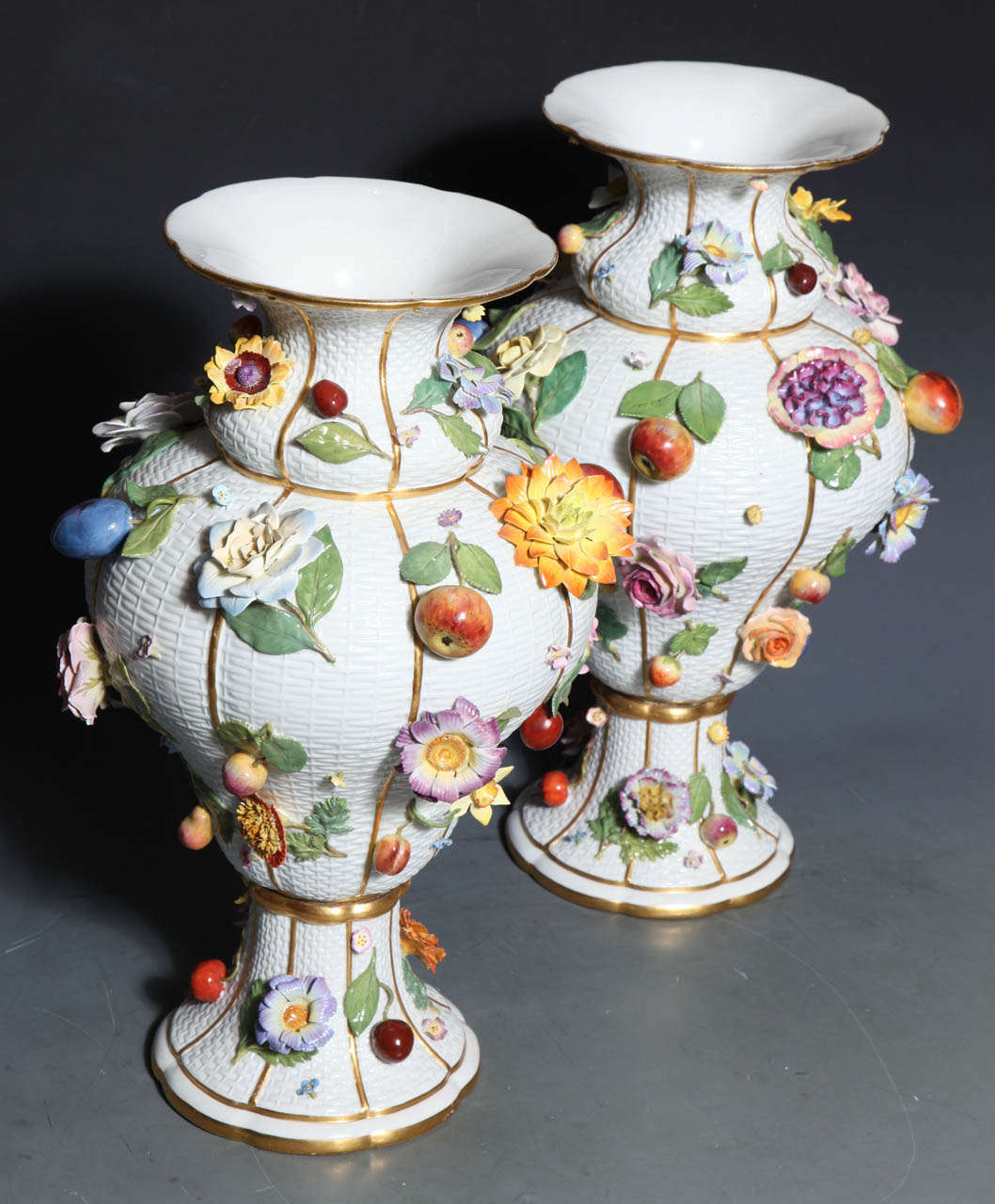 Austrian Pair of Meissen Porcelain Vases Encrusted with Raised Flowers and Fruits