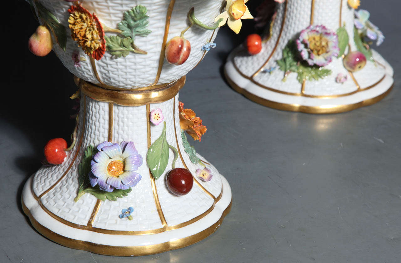 19th Century Pair of Meissen Porcelain Vases Encrusted with Raised Flowers and Fruits