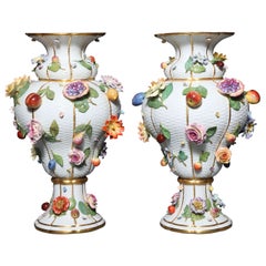 Pair of Meissen Porcelain Vases Encrusted with Raised Flowers and Fruits