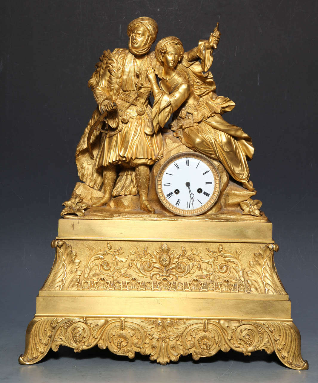 An Impressive and very large French Gilt Dore Bronze Clock with Arab Prince and Princess made for the Oriental Market. With the European market entranced with all the oriental fantasy that their homes would allow, artists and artisans turned to the