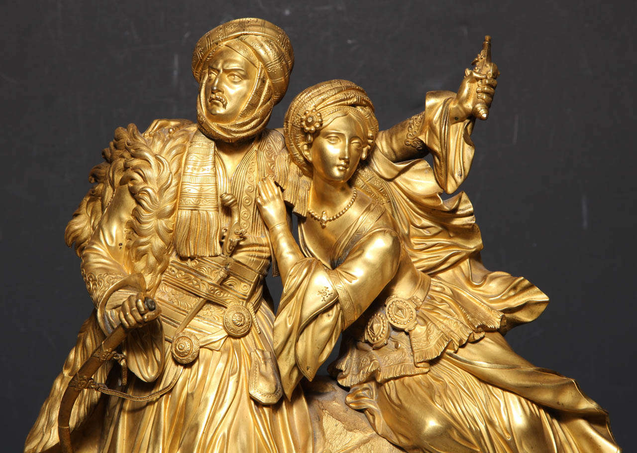 French Gilt Bronze Clock with Arab Prince and Princess made for the Orientalist market For Sale