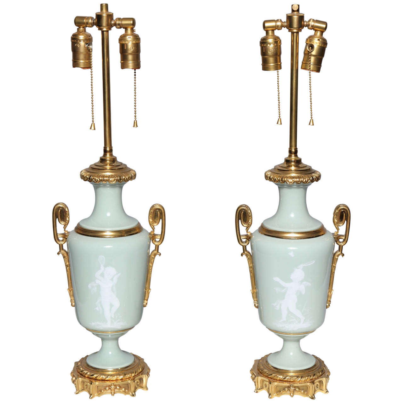 Pair Ormolu Mounted 'Pate sur Pate' Porcelain Lamps Depicting Cupids For Sale