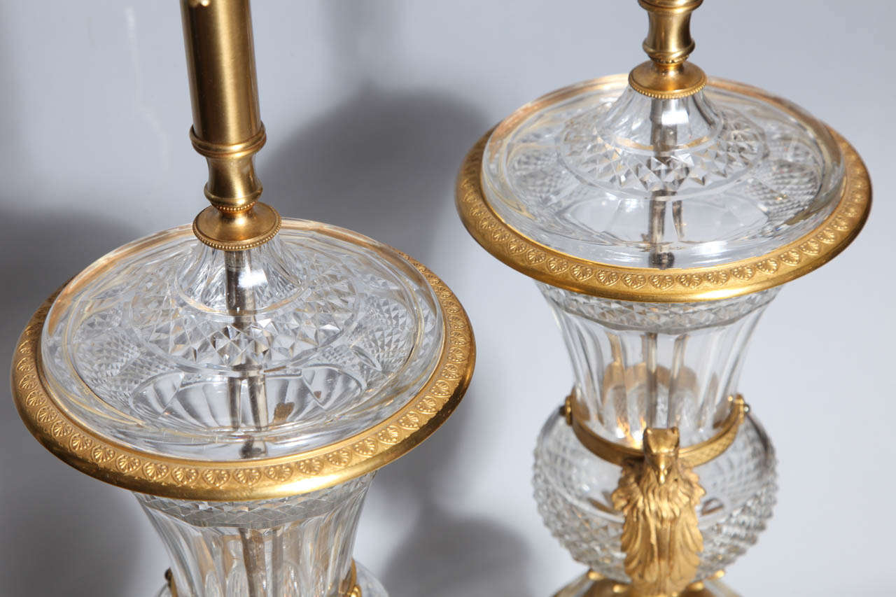 Gilt Exquisite Pair of Antique French Crystal and Dore Bronze Mounted Urns/Lamps For Sale