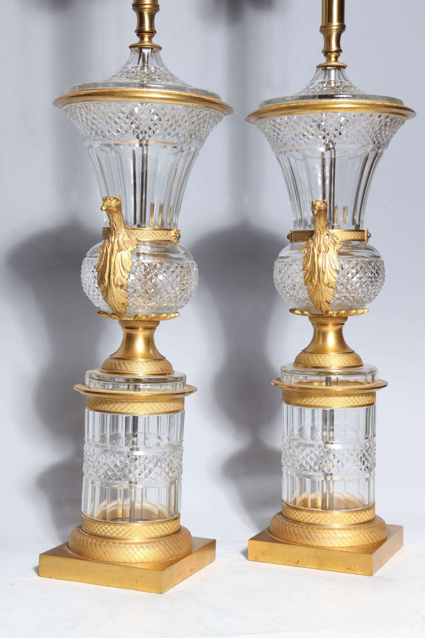 Exquisite Pair of Antique French Crystal and Dore Bronze Mounted Urns/Lamps In Excellent Condition For Sale In New York, NY