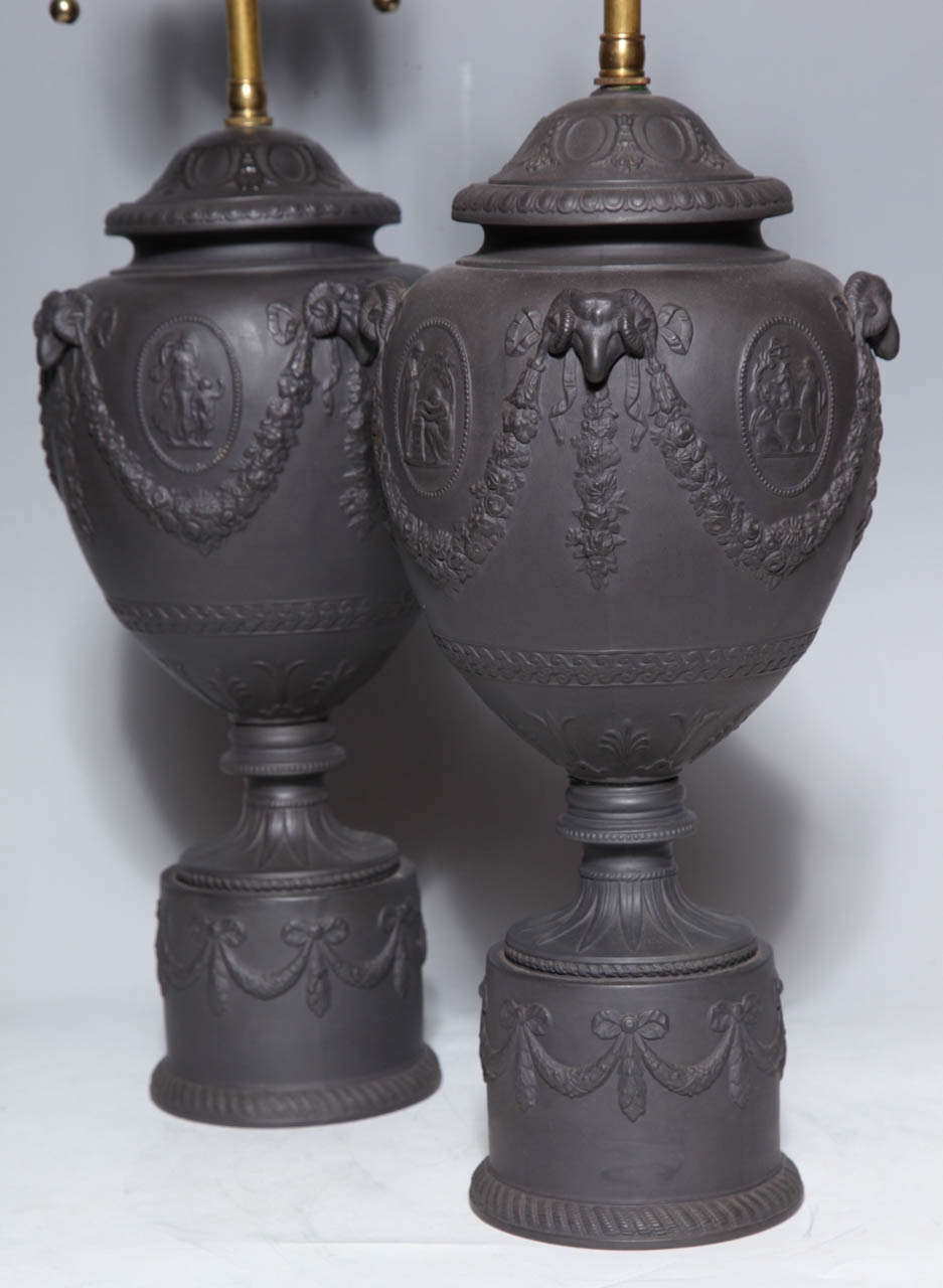 Neoclassical Revival Fine Pair of Antique English Black Basalt Neoclassical Covered Urns as Lamps