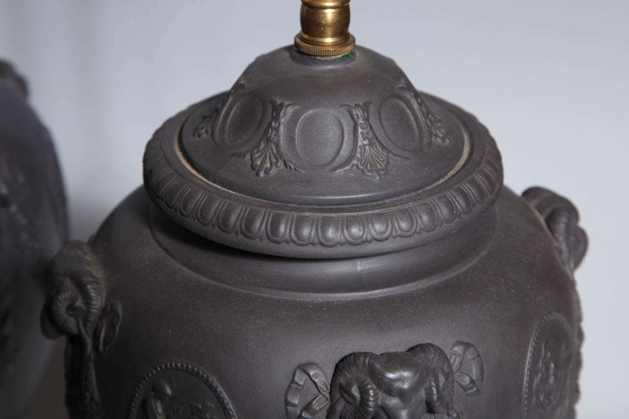 19th Century Fine Pair of Antique English Black Basalt Neoclassical Covered Urns as Lamps