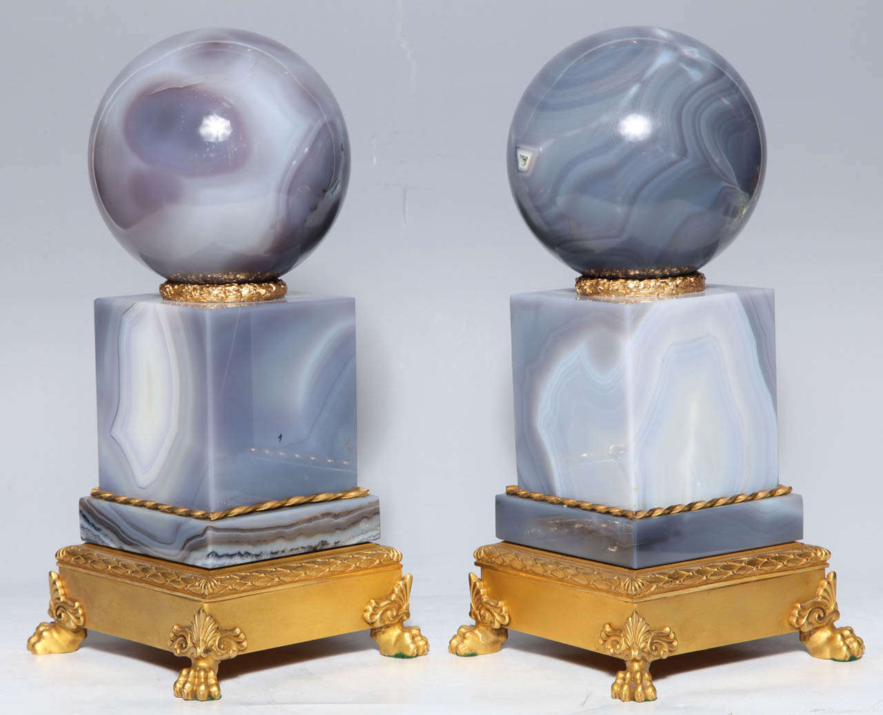 French Pair of Second Empire Style Agate Orbs on Plinths with Gilt Bronze Mounts