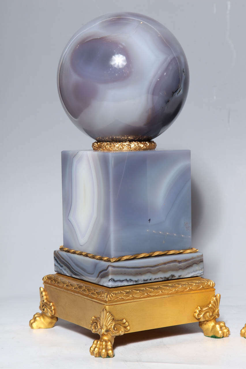 19th Century Pair of Second Empire Style Agate Orbs on Plinths with Gilt Bronze Mounts