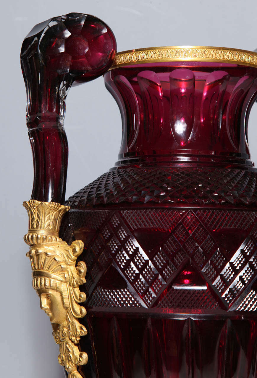 A Magnificent Pair of Russian Imperial Ruby Glass Vases with Gilded Bronze Mounts For Sale at