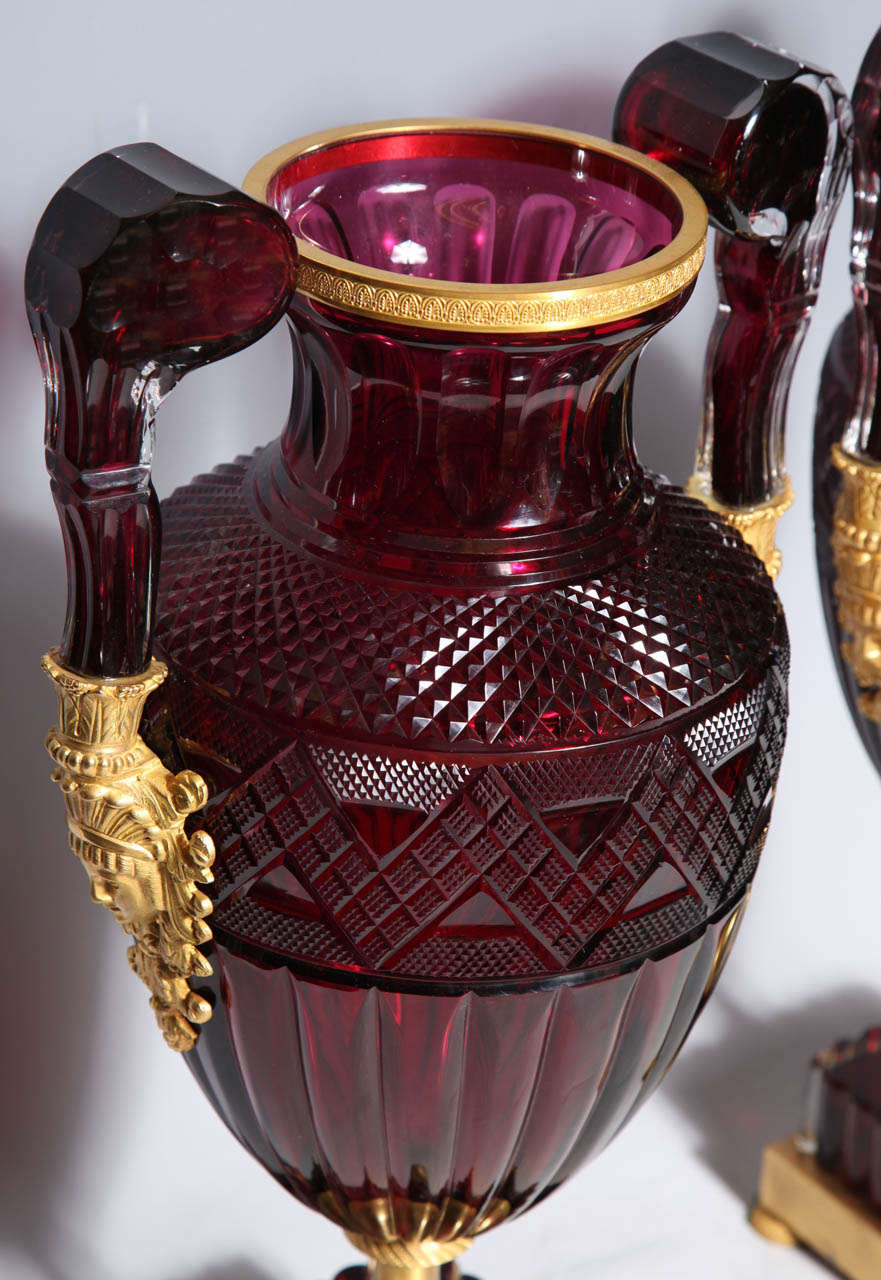 A Magnificent Pair of Russian Imperial Ruby Glass Vases with Gilded Bronze Mounts For Sale at