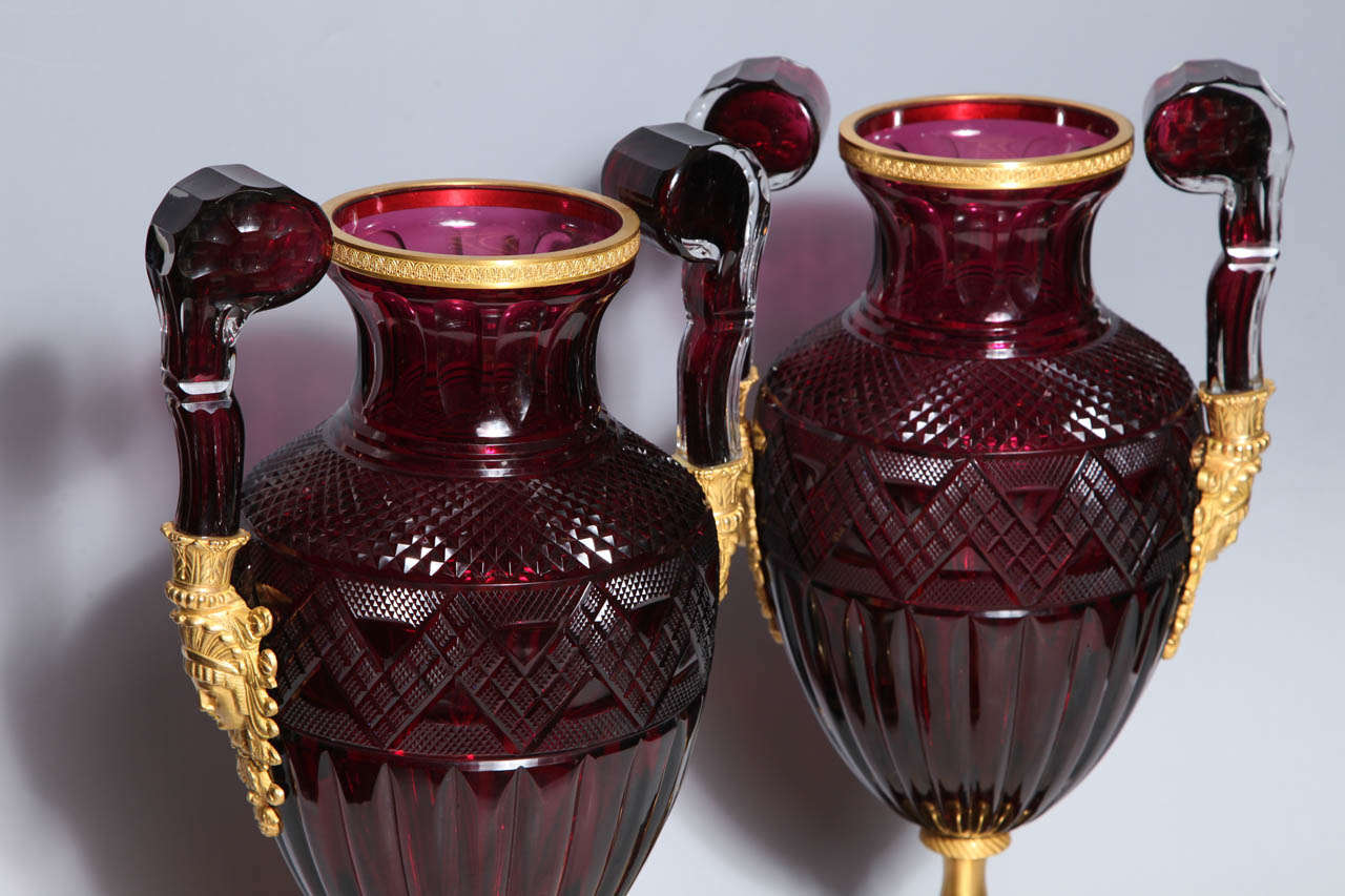 A Magnificent Pair of Russian Imperial Ruby Glass Vases with Gilded Bronze Mounts For Sale at
