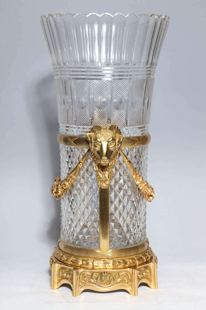 French Cut Crystal and Dore Bronze mounted vase/centerpiece w/ ram head handles at 1stDibs