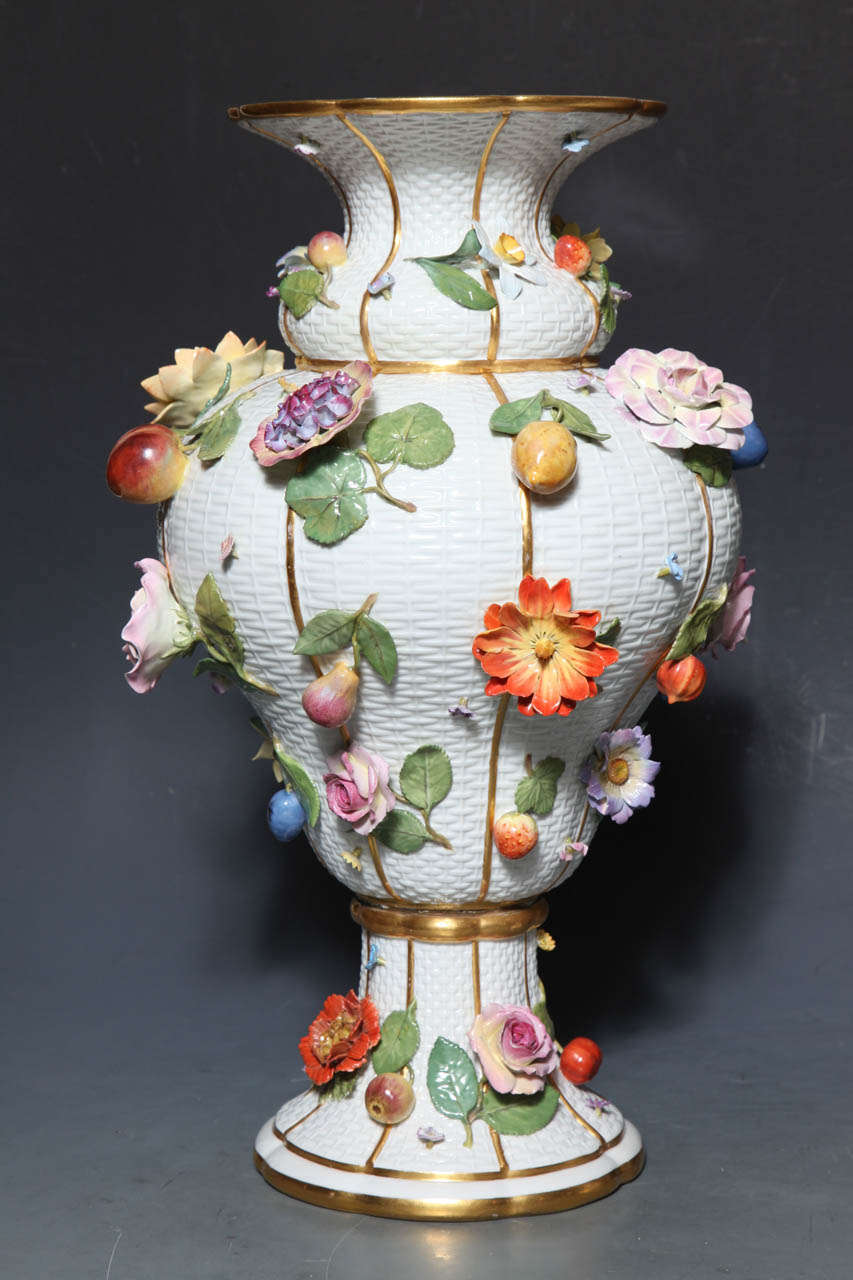 Pair of Meissen Porcelain Vases Encrusted with Raised Flowers and Fruits For Sale at 1stdibs