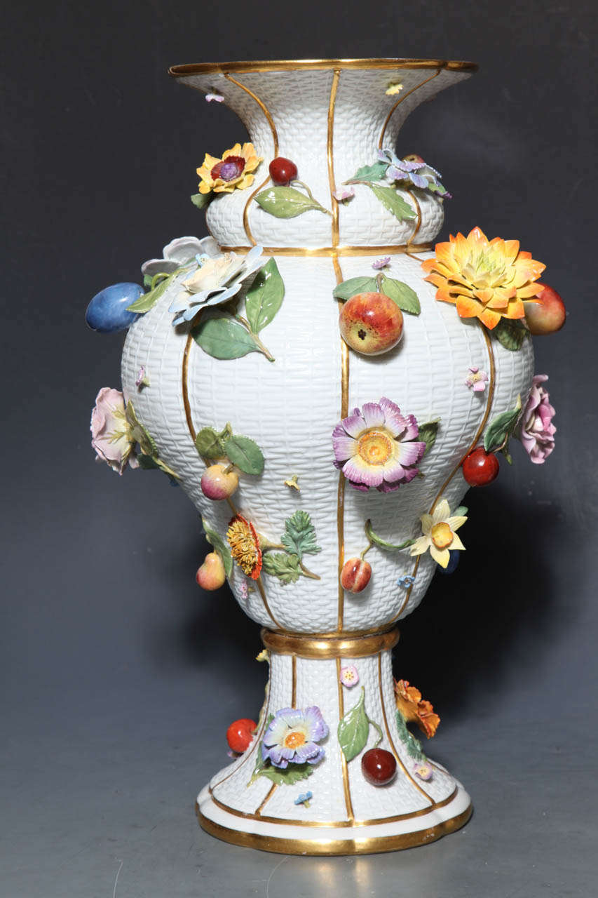 Monumental Pair Meissen Porcelain Vases Encrusted with Raised Flowers