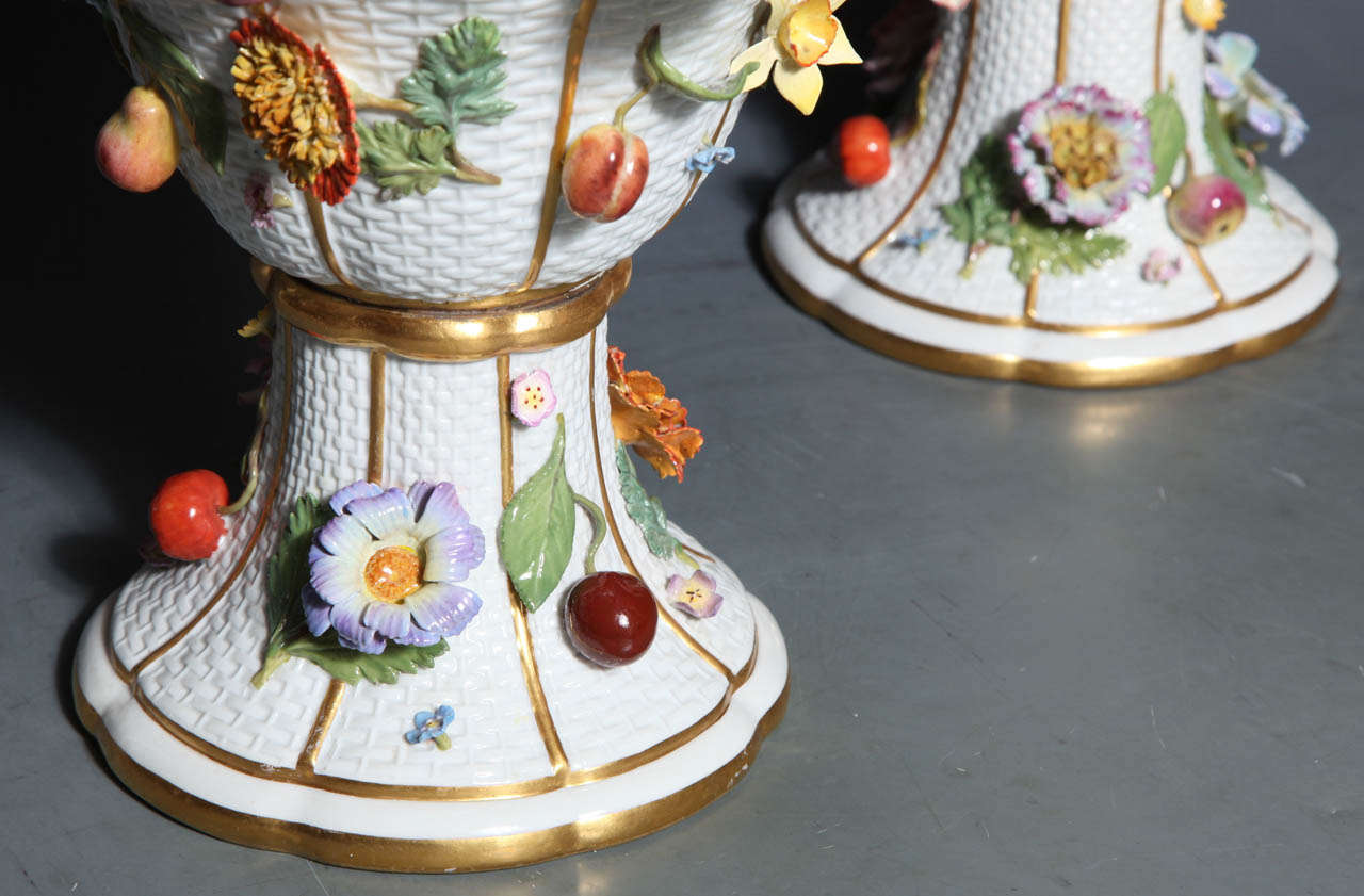 Pair of Meissen Porcelain Vases Encrusted with Raised Flowers and