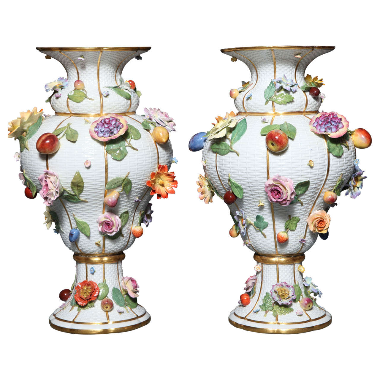 Monumental Pair Meissen Porcelain Vases Encrusted with Raised Flowers and fruits For Sale at 1stdibs