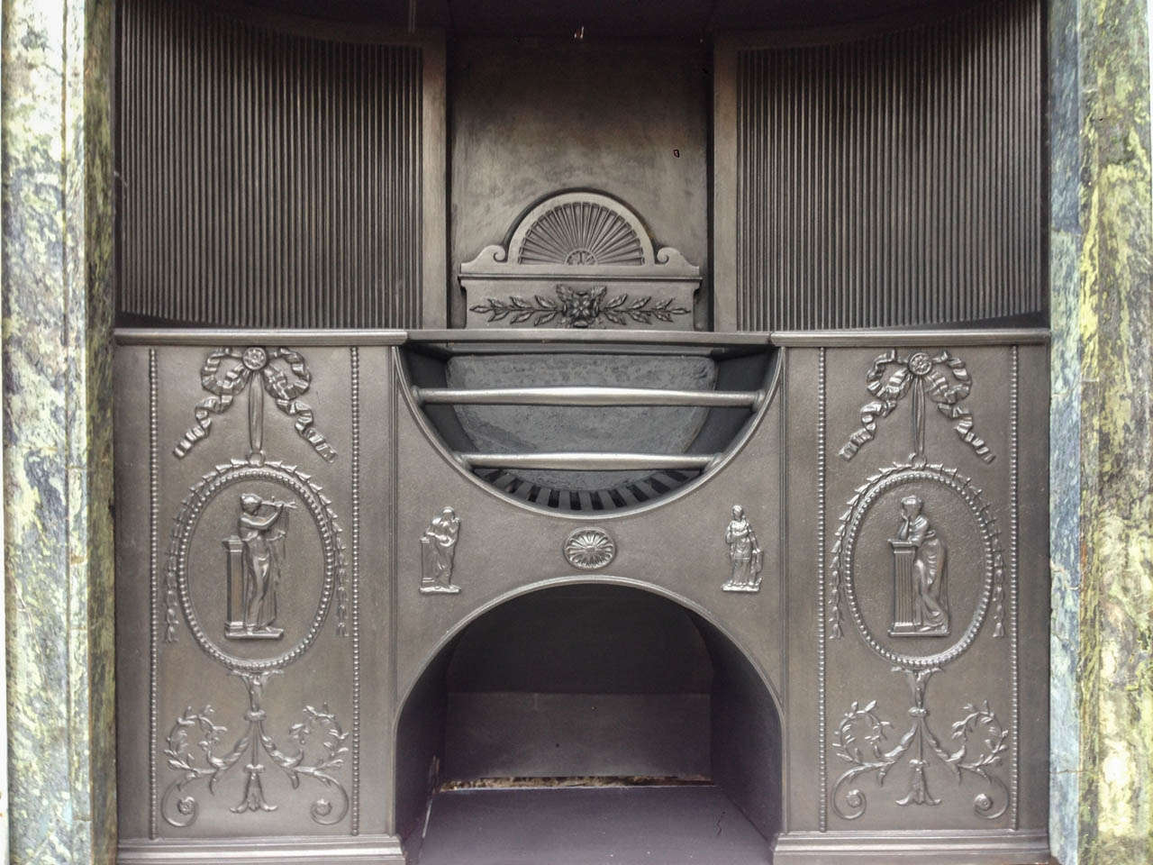British Antique Neoclassical Fire Surround and Reeded Hob Grate