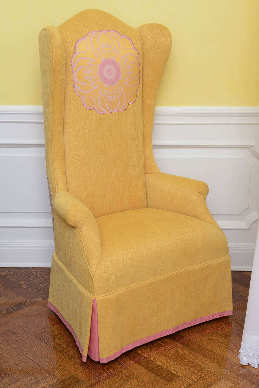 Pair of Yellow Linen with Silk Applique Wing Chairs In Excellent Condition In New York, NY