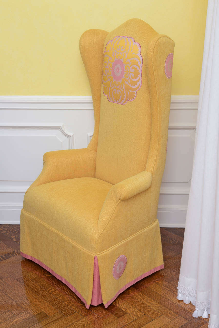 Mid-20th Century Pair of Yellow Linen with Silk Applique Wing Chairs