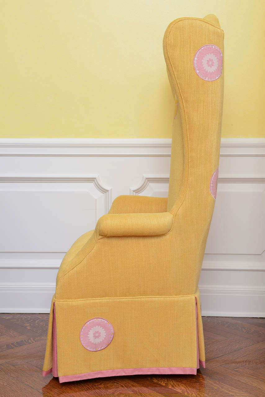 Pair of Yellow Linen with Silk Applique Wing Chairs 1