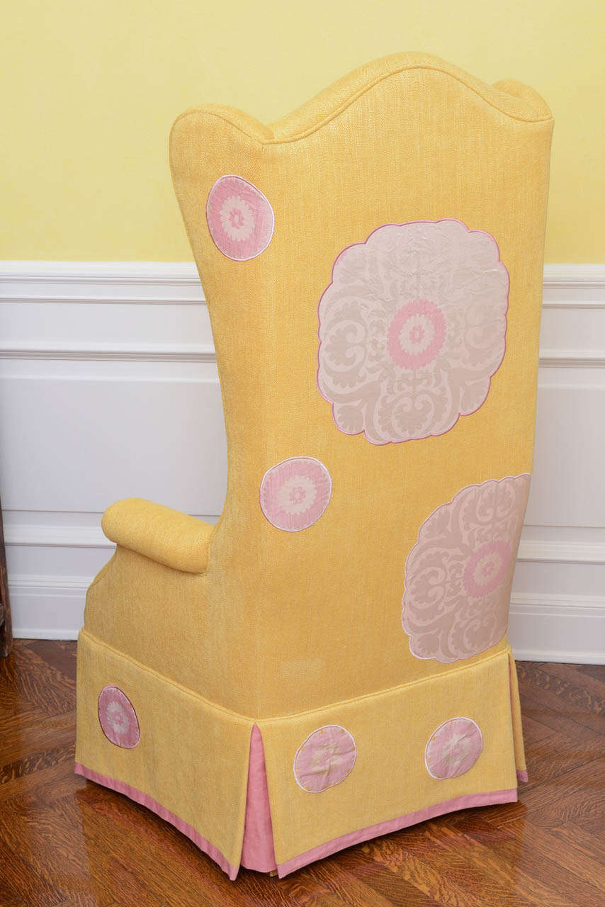 Pair of Yellow Linen with Silk Applique Wing Chairs 2