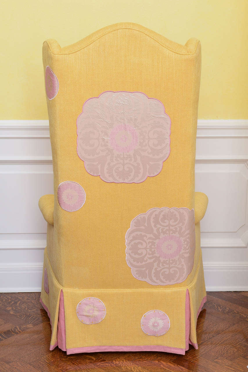 Pair of Yellow Linen with Silk Applique Wing Chairs 3