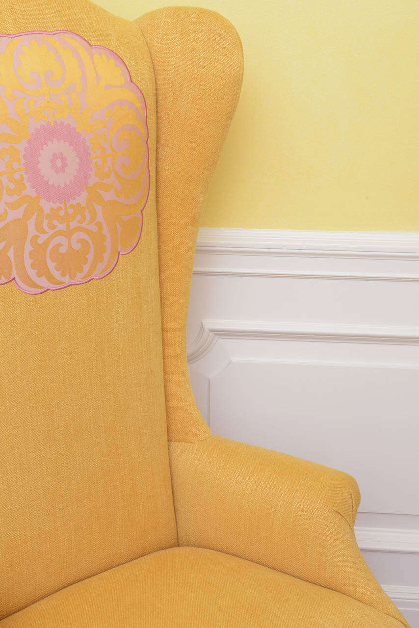 Pair of Yellow Linen with Silk Applique Wing Chairs 4