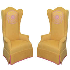 Pair of Yellow Linen with Silk Applique Wing Chairs