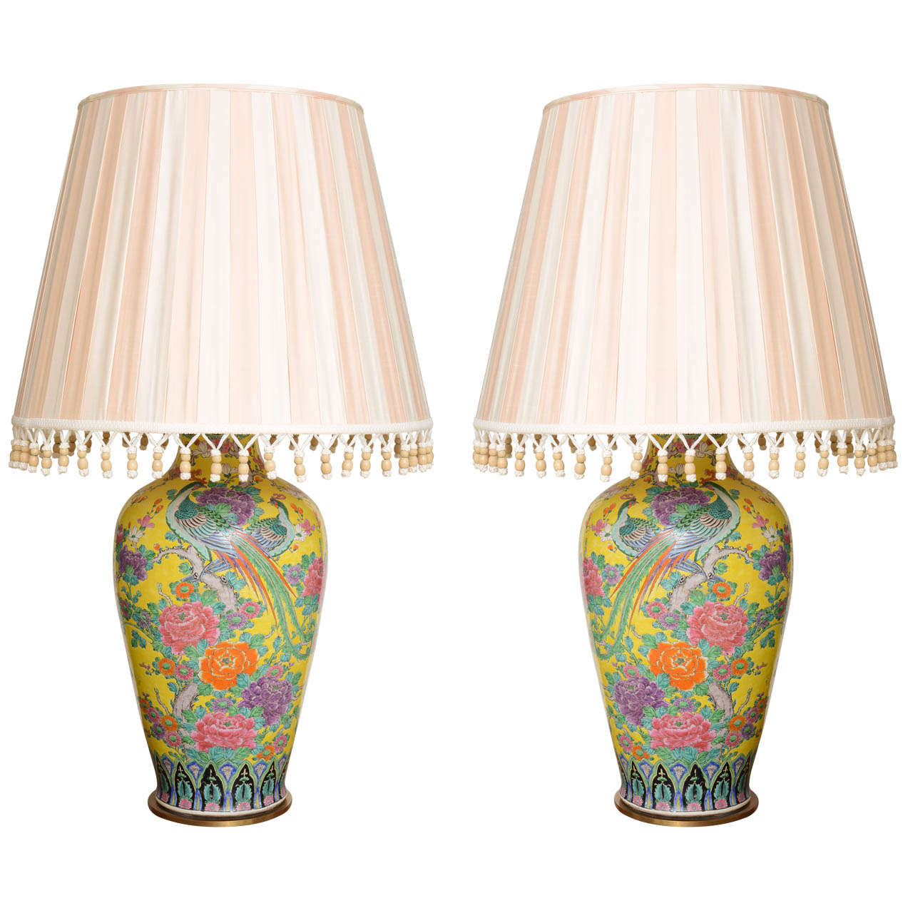 Smashing Pair of Monumental Chinese Export Porcelain Yellow Lamps