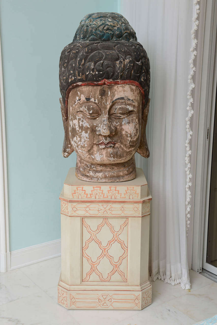 Monumental Painted and Carved Buddha Head