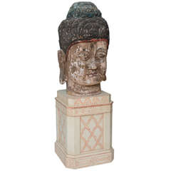 Monumental Painted and Carved Buddha Head