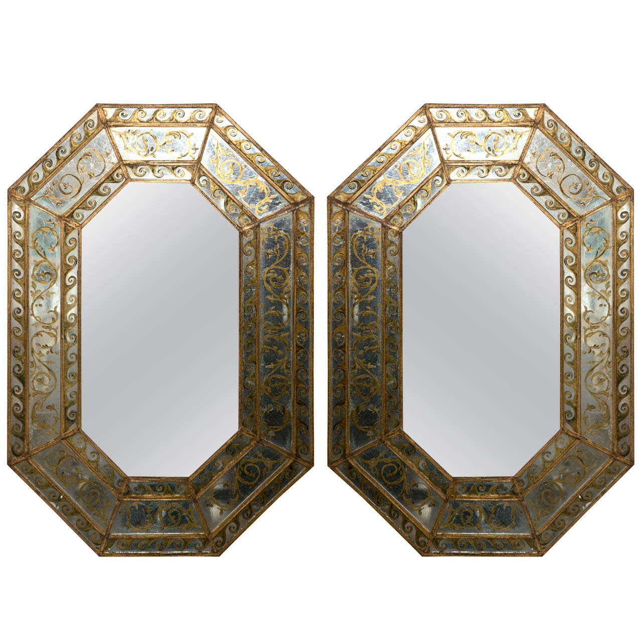 Pair of Antiqued Eglomise Mirrors Manner of Maison Jansen