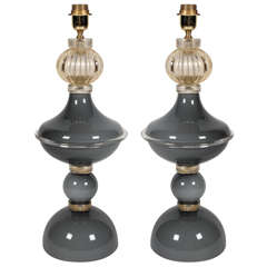 Pair of Grey and Gold Italian Murano Glass Lamps