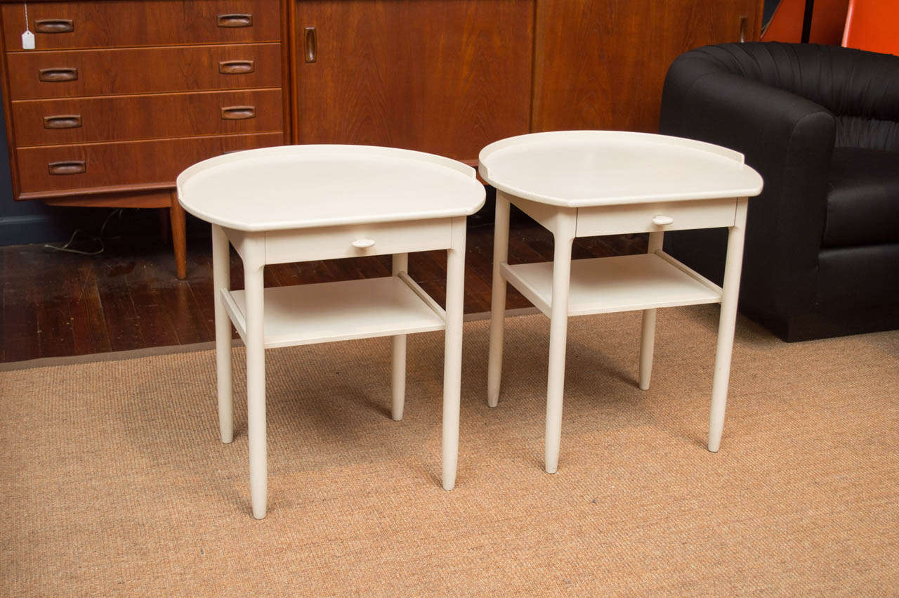 Simple modern lines on these nightstands or end tables in the original lacquer finish by Bodafors, Sweden.