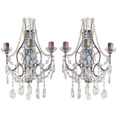 Antique Pair, Three Light Beaded Crystal Sconces