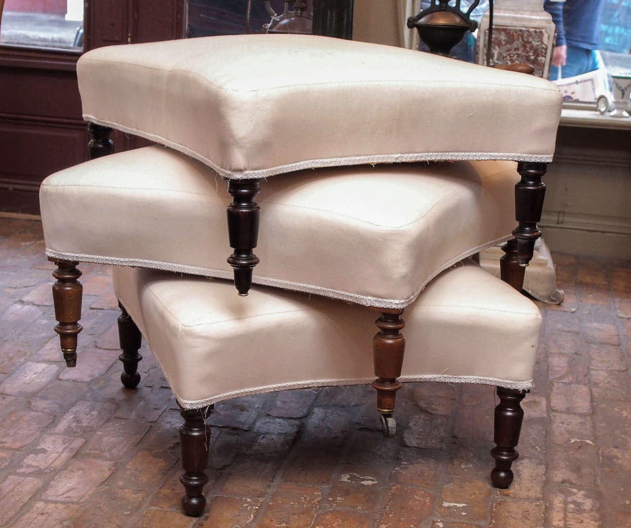 French Napoleon III period upholstered tabourets with wooden legs, circa 1860