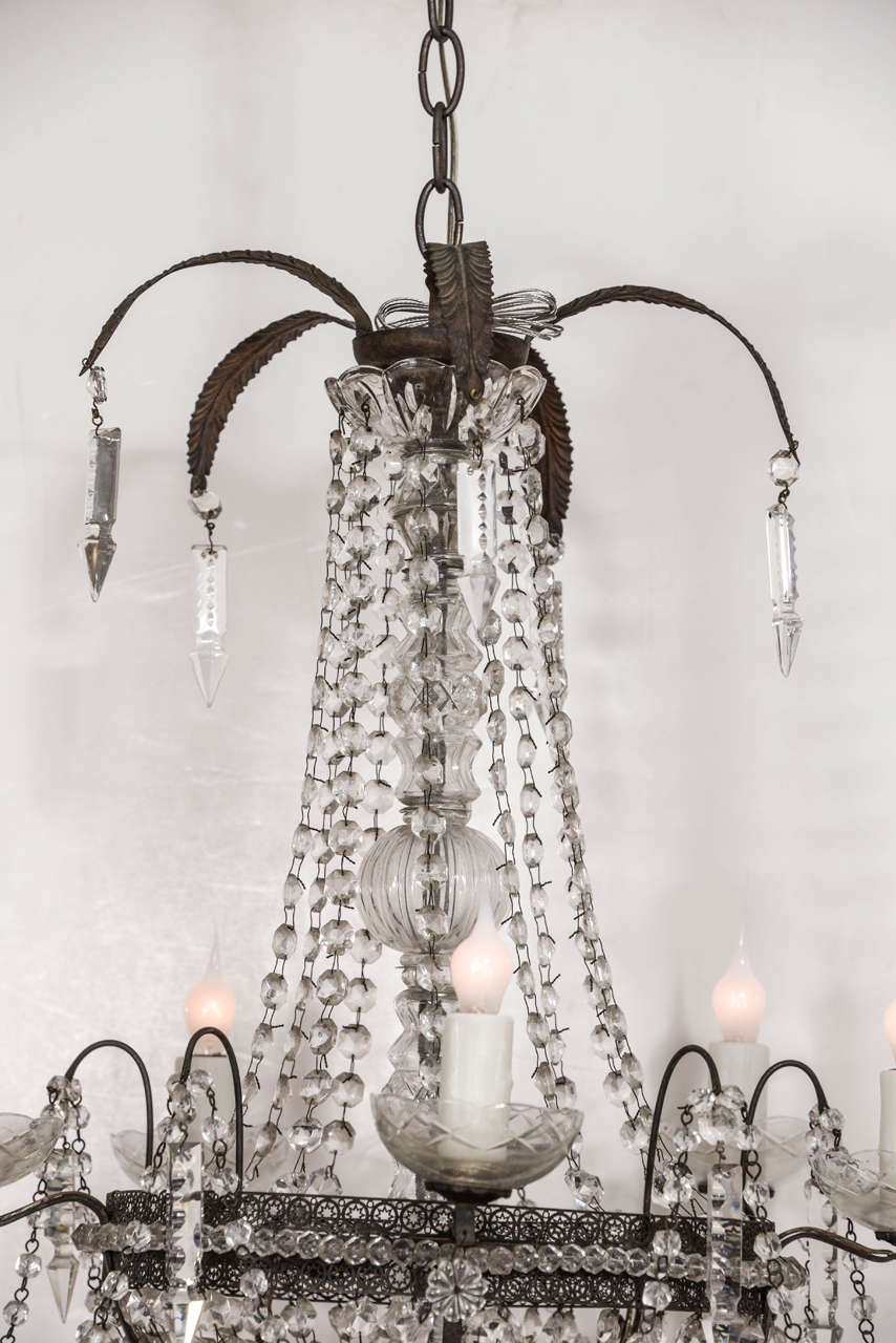 Empire Pierced Tole Italian Chandelier Decorated in Crystal and Glass Prisms For Sale